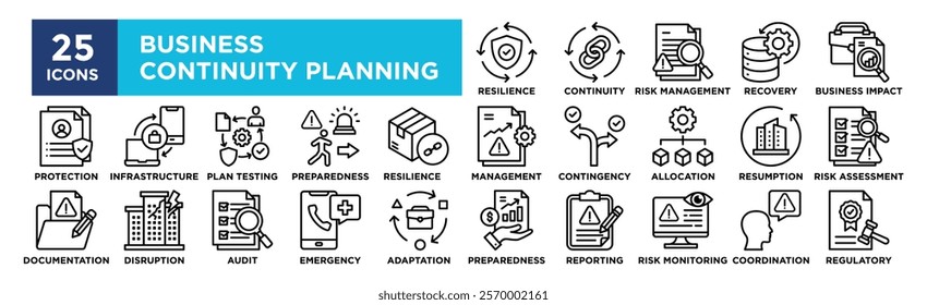 Business Continuity Planning icon collection set. Containing design Continuity, Resilience, Risk Management, Disaster Recovery, Business Impact, Analysis