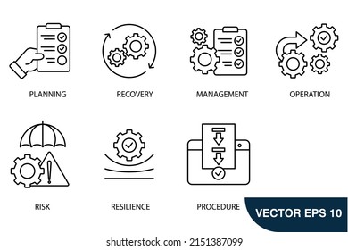 Business continuity planning icons set . Business continuity planning pack symbol vector elements for infographic web