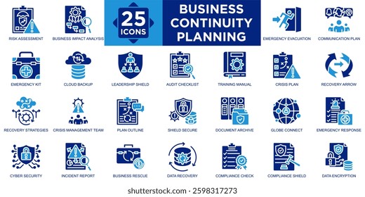 business continuity planning, management, strategy, business, risk, plan icon set. Outline icons collection. Simple vector illustration