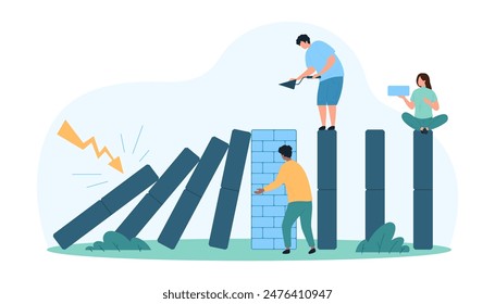 Business continuity, proactive crisis management of company resistant to interventions, disaster risks. Tiny people building brick wall to avoid crisis, domino falling cartoon vector illustration