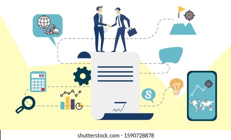 Business contract agreement concept, businessman design templates for online shopping, digital marketing, teamwork, strategy, analytics and sustainable, Stakeholder, society, CSR, technology, media.