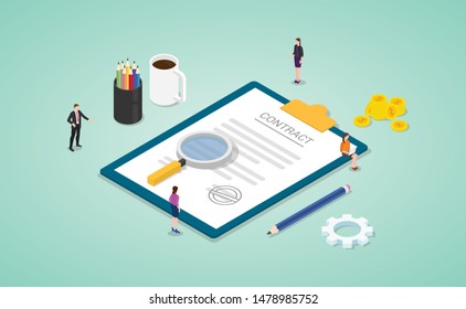 business contract agreement concept with team people analyze data with magnifying glass with modern isometric flat style - vector