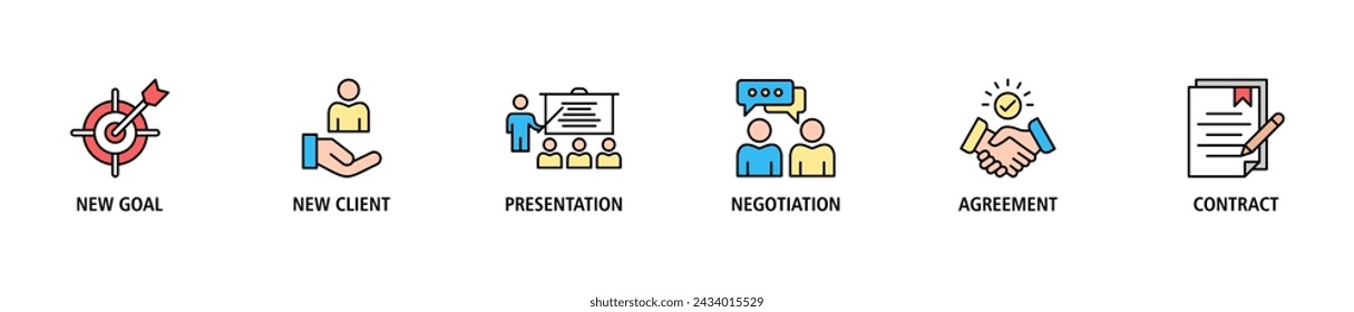 Business contract banner web icon set vector illustration concept with icon of new goal, new client, presentation, negotiation, agreement, contract