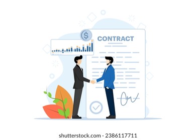 business contract concept, agreement illustration, teamwork and collaboration, partnership, business startup strategy, contract agreement signing characters. flat vector illustration on background.