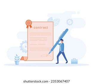 Business contract concept, Character signing legal document,  reading contract terms and conditions. flat vector modern illustration