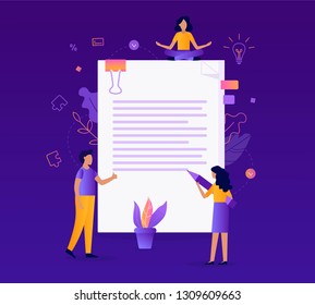 Business contract concept. The team of specialists draw up a document. Flat vector illustration.
