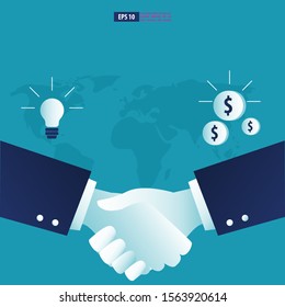 Business contract cooperation concept, two businessman shaking hands. Smart investment on technology startup. Business vector illustration