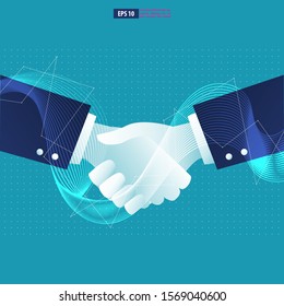 Business contract cooperation concept, two businessman shaking hands with futuristic wavy effect. Business vector illustration