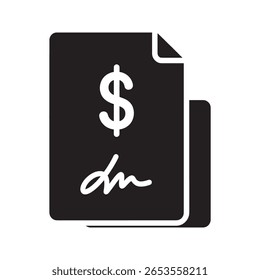 Business contract document icon with dollar sign and signature for legal agreement financial deal or bank loan paperwork with formal signature vector solid glyph icon