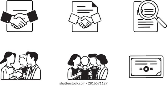 Business Contract Document and Partnership Handshake Icon Set Vector, Audit Inspection Glass and Team Collaboration Clipart, Black Solid Certificate Symbol Pack for App UI
