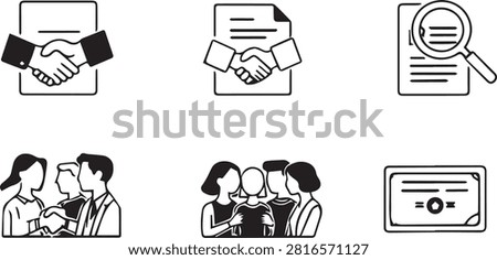 Business Contract Document and Partnership Handshake Icon Set Vector, Audit Inspection Glass and Team Collaboration Clipart, Black Solid Certificate Symbol Pack for App UI