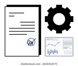 Business contract document with signature, gear symbol, and data analysis chart on digital tablet. Ideal for business process, operations, data analytics, corporate agreements, workflow management