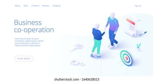 Business Contract Or Entrepreneur Agreement Signature Concept In Isometric Vector Illustration With Male And Female Businessmen Shaking Hands. Website Or Webpage Layout Template. 