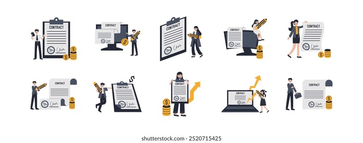 Contrato de negocios conjunto de ilustración plana. Incluir el contrato, el negocio, el Acuerdo, la mano y la colaboración. Ilustración vectorial aislada
