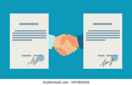 Contrato comercial y apretón de manos. Una transacción entre dos empresarios, un préstamo bancario. Ilustración vectorial, diseño plano, estilo de dibujos animados, fondo aislado.