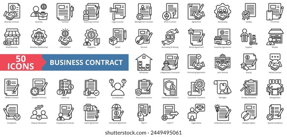 Conjunto de colecciones de icono de contrato de negocio. Conteniendo financiamiento, legal, gerencia, inteligente, Acuerdo, sociedad, validez icon. Vector de línea simple.