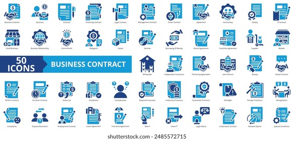 Business contract icon collection set. Containing financing, legal, management, smart, agreement, partnership, validity icon. Simple flat vector.