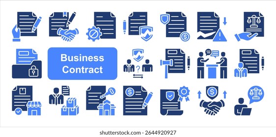 Conjunto de coleta de ícone do contrato comercial, com contrato, acordo, rescisão, violação, indenização, documento legal