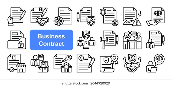 Conjunto de coleta de ícone do contrato comercial, com contrato, acordo, rescisão, violação, indenização, documento legal