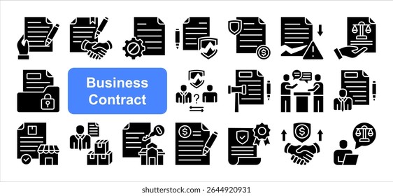 Conjunto de coleta de ícone do contrato comercial, com contrato, acordo, rescisão, violação, indenização, documento legal