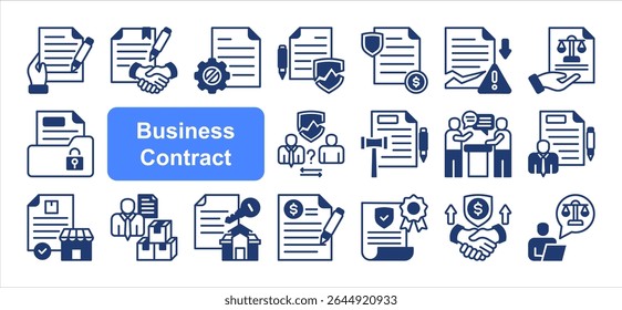 Conjunto de coleta de ícone do contrato comercial, com contrato, acordo, rescisão, violação, indenização, documento legal