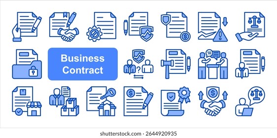 Conjunto de coleta de ícone do contrato comercial, com contrato, acordo, rescisão, violação, indenização, documento legal