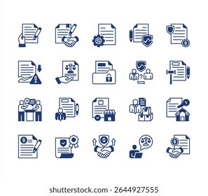 Conjunto de ícones do contrato comercial, com contrato, acordo, documento legal, rescisão, violação, indenização.