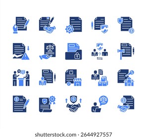 Conjunto de ícones do contrato comercial, com contrato, acordo, documento legal, rescisão, violação, indenização.