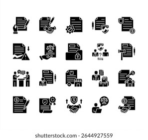Conjunto de ícones do contrato comercial, com contrato, acordo, documento legal, rescisão, violação, indenização.