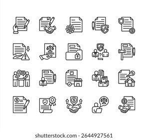 Conjunto de ícones do contrato comercial, com contrato, acordo, documento legal, rescisão, violação, indenização.