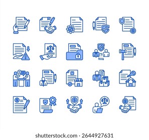 Conjunto de ícones do contrato comercial, com contrato, acordo, documento legal, rescisão, violação, indenização.