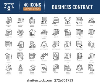 Conjunto de ícones do contrato comercial. Inclui contrato,
financiamento, jurídico, gestão, inteligente,
validade. Ilustração vetorial com traçados editáveis