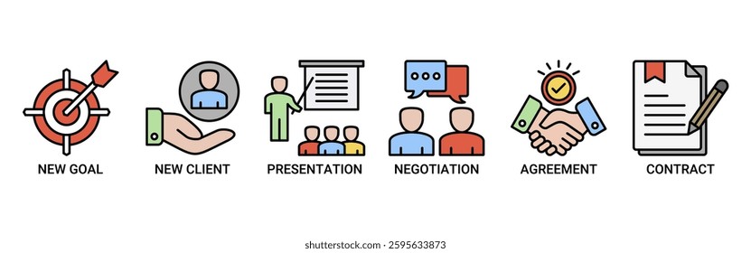 Business contract icon set. Vector illustration concept with icon of new goal, new client, presentation, negotiation, agreement, and contract icons. Outline color vector symbol background.