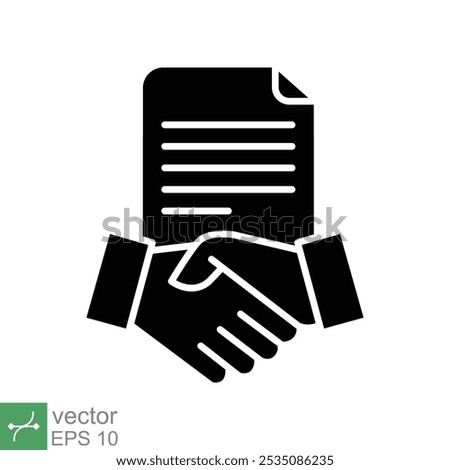Business contract icon. Simple solid style. Handshake, partners, document, agreement, partnership, business concept. Glyph vector illustration isolated on white background. EPS 10.