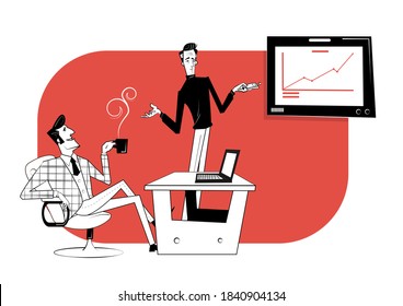  Business contract, idea financing. Two business partners are discussing work progress. Vector illustration