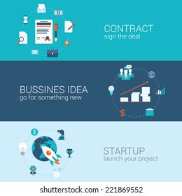 Business Contract Idea Startup Concept Flat Icons Banners Template Set Sign Deal Start-up Launch Project Vector Web Illustration Website Click Infographics Elements