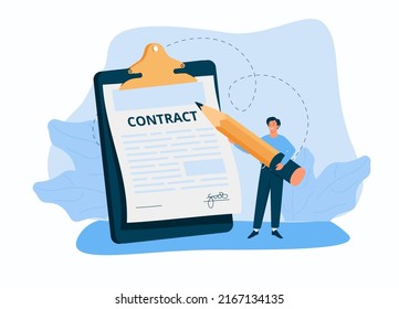 Business contract illustration. Character signing legal document, electronic contract or agreement online. People reading contract terms and conditions. Vector illustration.