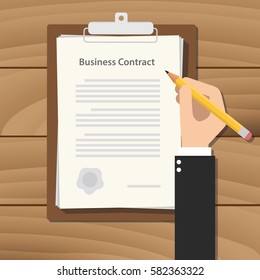 business contract illustration  business man signing a paper work document on top of wooden table with pencil