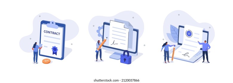 Business contract illustration set. Characters signing legal document, electronic contract or agreement online. People reading contract terms and conditions. Vector illustration.
