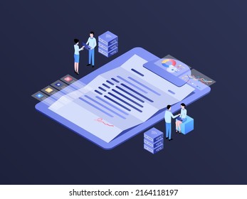 Business Contract Isometric Illustration Dark Gradient. Suitable for Mobile App, Website, Banner, Diagrams, Infographics, and Other Graphic Assets.