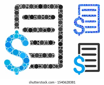 Business contract mosaic of circle elements in different sizes and shades, based on business contract icon. Vector circle elements are combined into blue illustration.