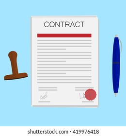 Business contract with the seal, pen, a stamp on a blue background. Vector illustration for websites, brochures