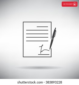 Business contract with signature. Flat vector icon