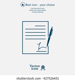 Business contract with signature. Flat vector icon