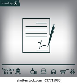 Business contract with signature. Flat vector icon