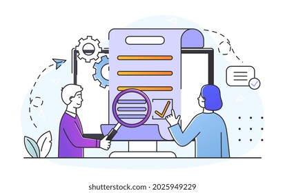 Business contract signing concept. Man checks details of document, woman puts electronic signature. Cooperation agreement. Cartoon doodle flat vector illustration isolated on a white background