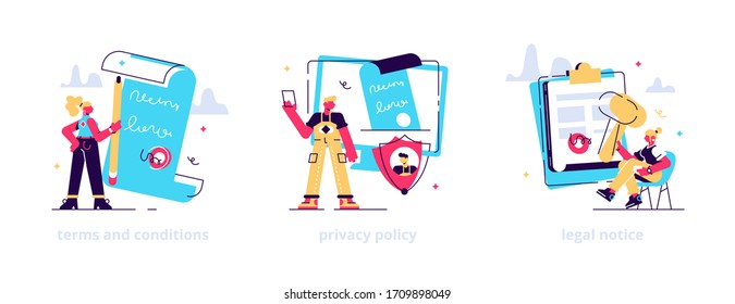 Business contract signing. Corporate document. Agreement checking. Data protection. Terms and conditions, privacy policy, legal notice metaphors. Flat vector isolated concept metaphor illustrations