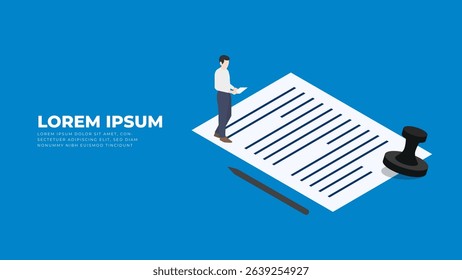 Business contract signing document with businessman with pen and stamp on isolated background. Vector banner design concept.