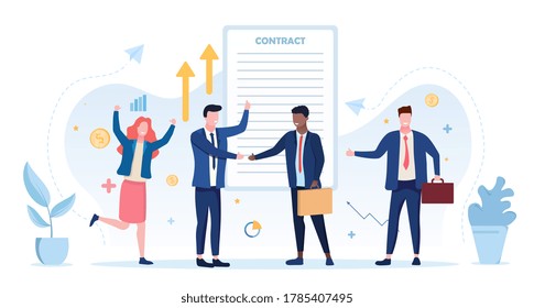 Business Contract Signing. Successful Deal Agreement. Business People, Employee Team Applauding. Leaders Handshaking, Falling Cash, Growing Charts. Flat Vector Illustration