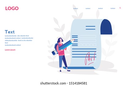 Business contract signing vector illustration. Agreement checking. Corporate document. legal notice metaphors. Business woman holding pencil. Terms and conditions, privacy policy.